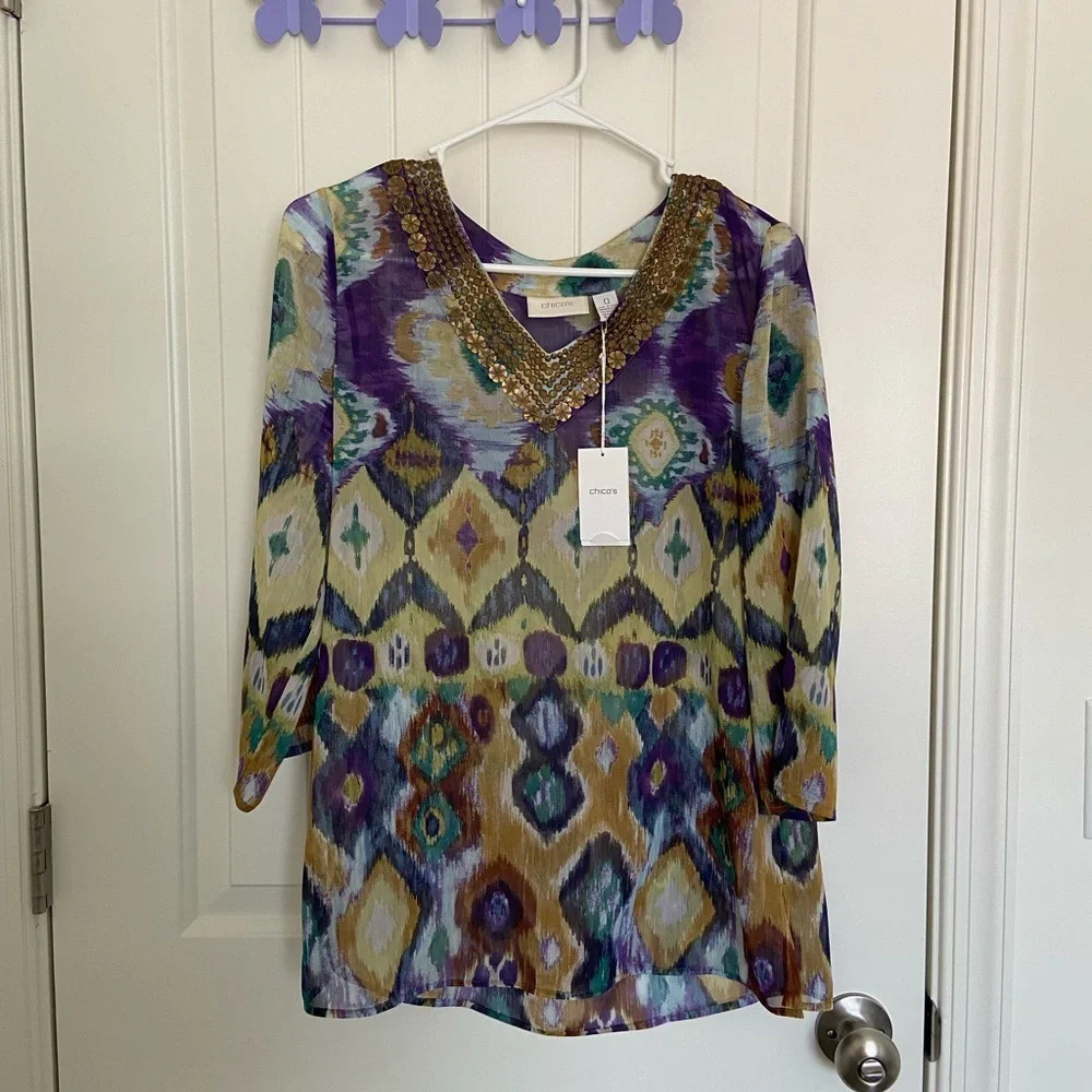 NWT | Chico’s Women’s sheer colorful patterned blouse decorated neckline — small